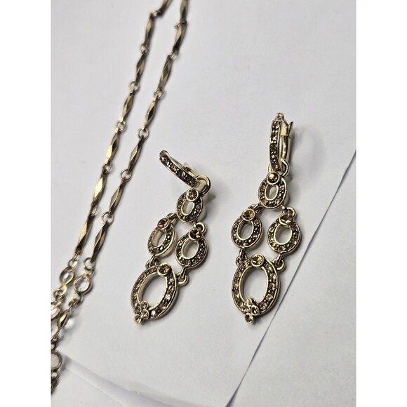 Vintage Signed MONET Gold‑Tone Marcasite Rhinestone Pendant Necklace Earring - Picture 10 of 11